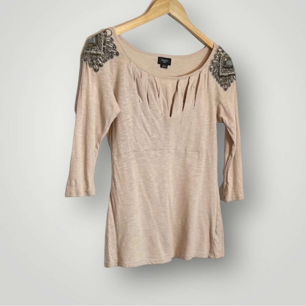 Deletta Anthropologie | Corinthian Beaded Sequin Top Pleated Neck 3/4 Sleeve - Picture 3 of 9